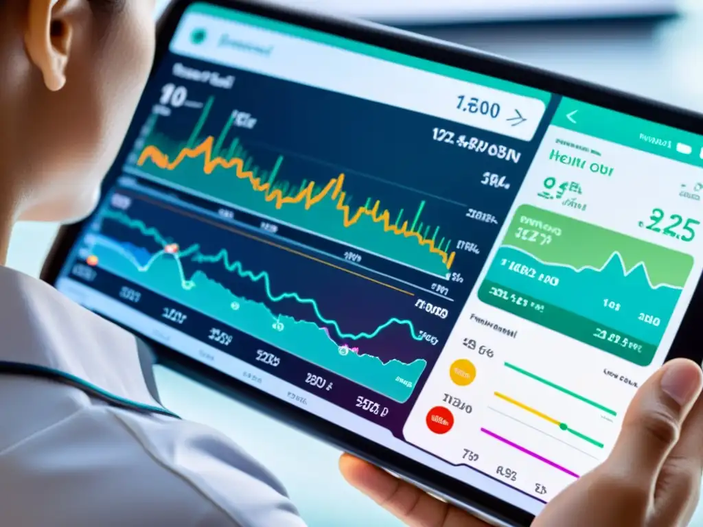 Persona enfocada y determinada usando smartphone para monitorizar su sistema inmunológico con interfaz moderna y gráficos futuristas