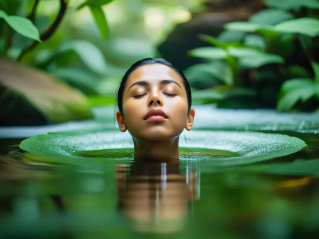 Mediación en la naturaleza: serenidad y conexión Una persona medita en un entorno natural, rodeada de vegetación exuberante y agua que fluye suavemente
