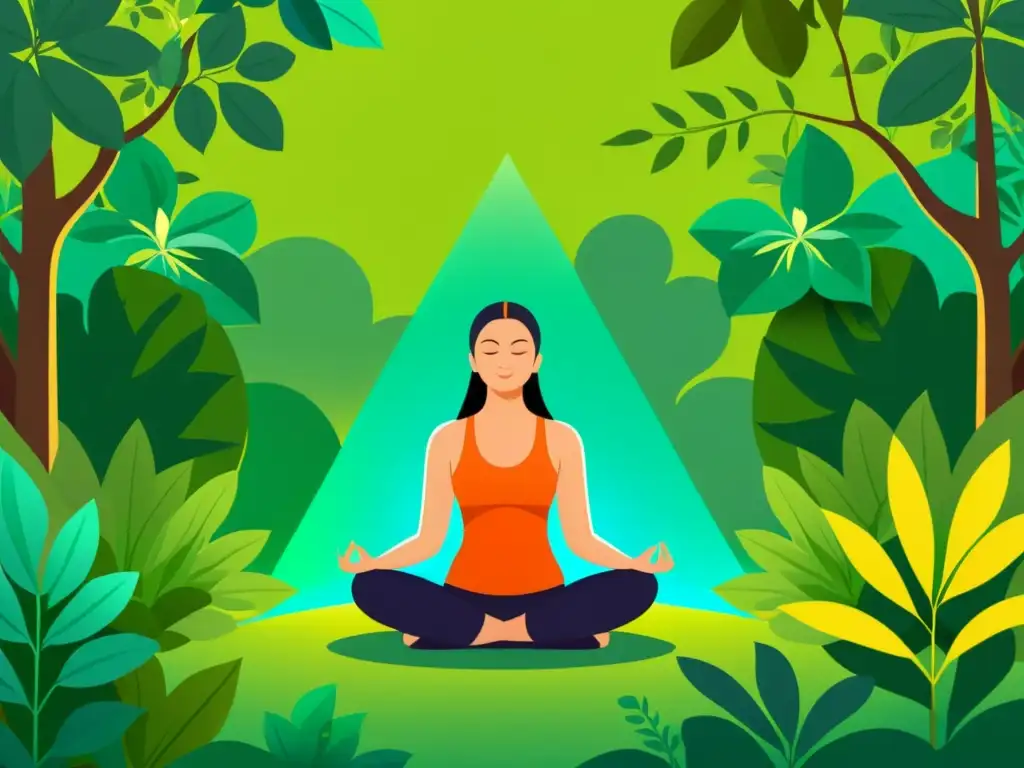 Meditación en la naturaleza: serenidad y paz interior Persona meditando en un entorno natural sereno, rodeada de vegetación exuberante y luz suave, transmitiendo paz interior