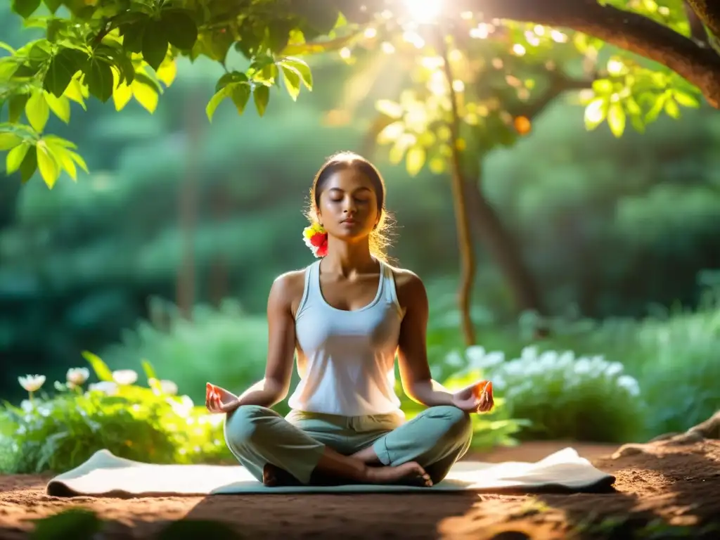 Meditación en la naturaleza: paz y serenidad Persona meditando en un entorno natural sereno, con efectos de la meditación en el sistema inmunológico