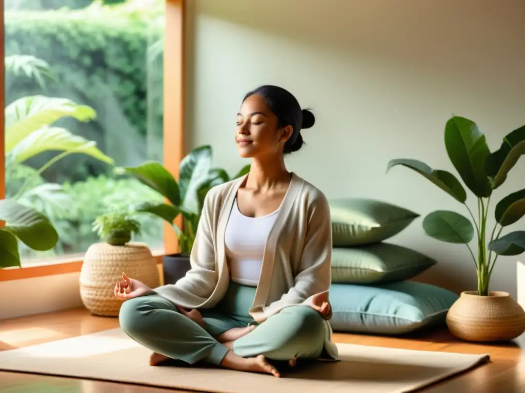 Serena meditación en un oasis verde Persona meditando en un entorno sereno y natural, con luz suave y plantas verdes