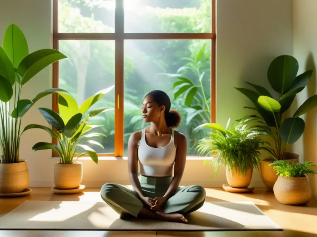 Meditación en un oasis urbano: serenidad entre plantas Persona meditando en un entorno sereno y soleado, rodeada de plantas verdes