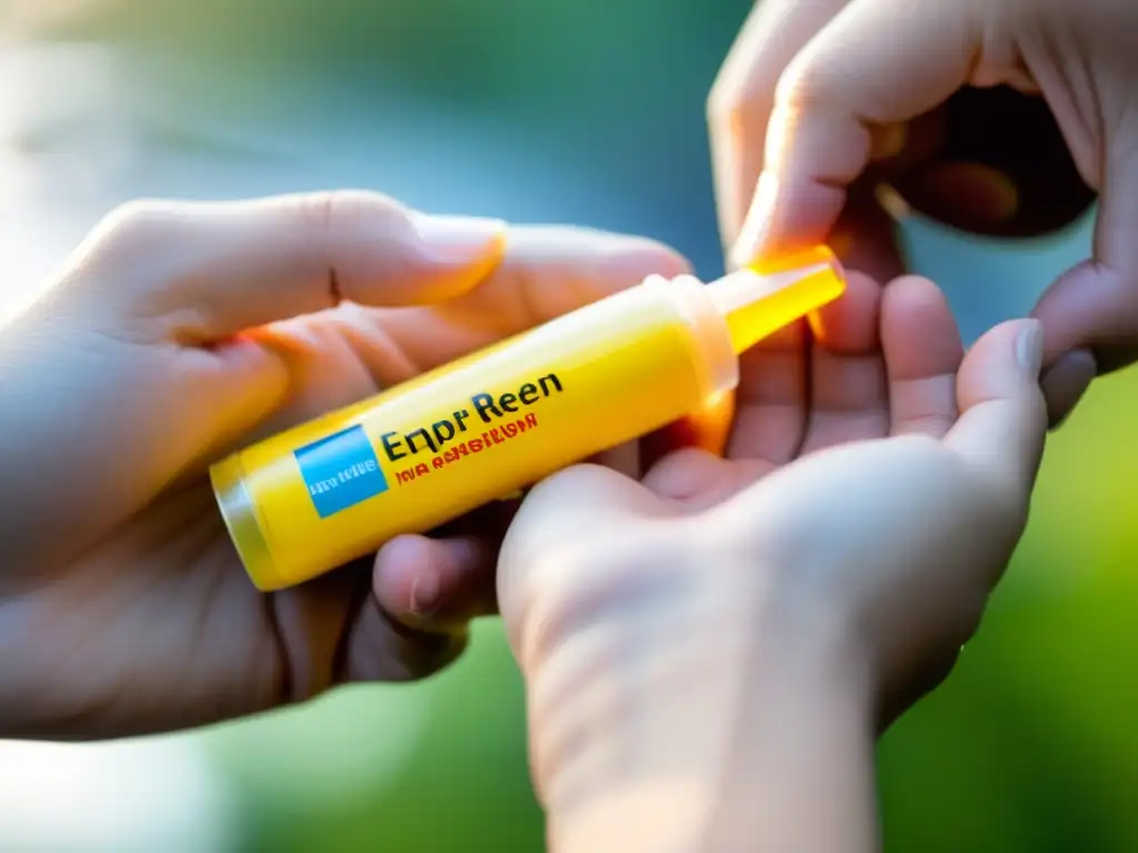 Persona administrando un EpiPen en primeros auxilios para reacciones inmunológicas