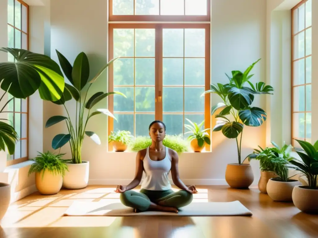 Persona meditando en un espacio luminoso y armonioso, rodeada de plantas