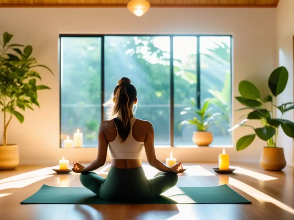 Persona meditando en un espacio luminoso y minimalista, rodeada de plantas y velas, transmitiendo calma y enfoque