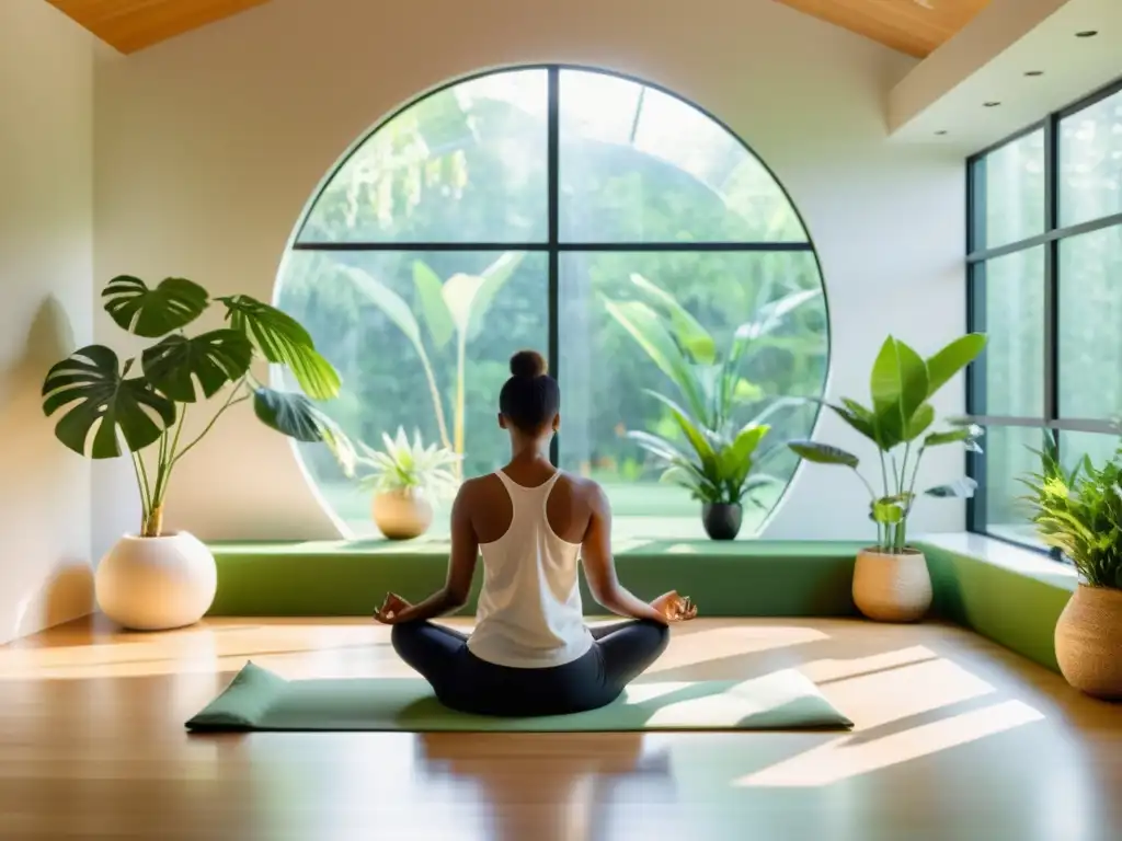 Espacio de meditación serena con luz natural y serenidad Persona meditando en un espacio luminoso y minimalista, rodeada de plantas
