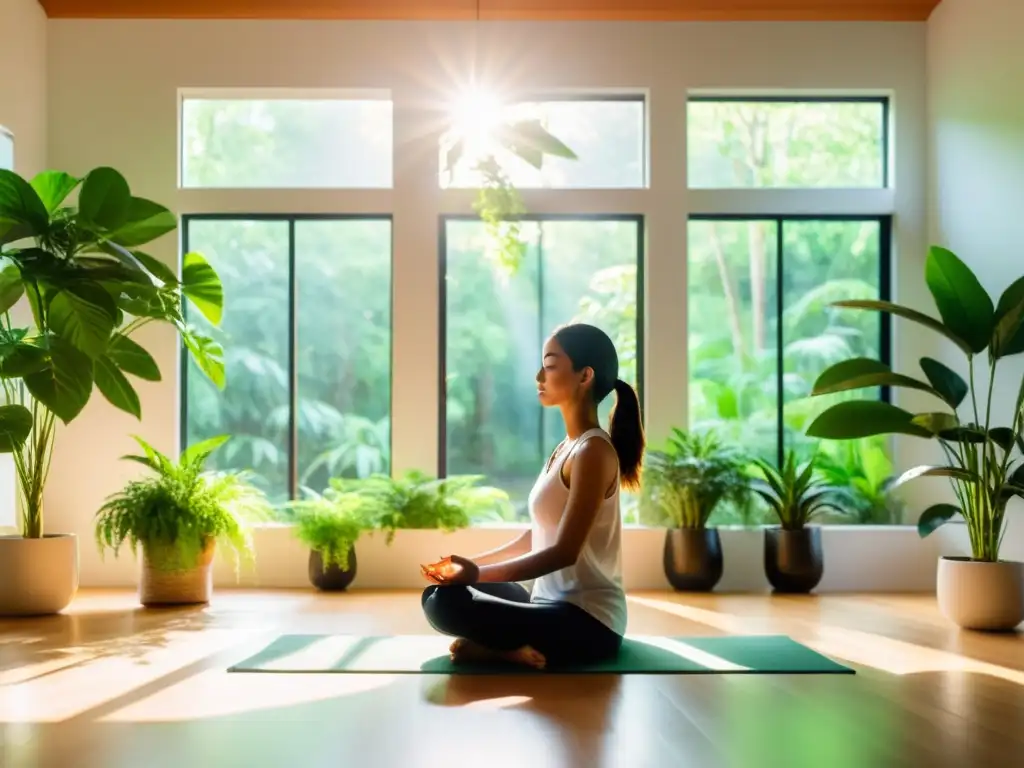 Mediación serena en un oasis moderno Persona meditando en un espacio luminoso con plantas verdes, transmitiendo calma y paz