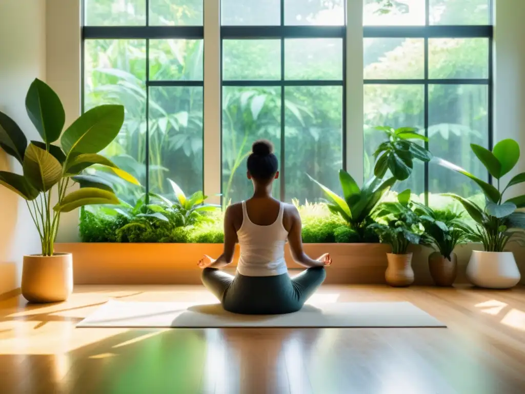 Mediación en un oasis urbano: calma y serenidad Persona meditando en un espacio luminoso con plantas verdes
