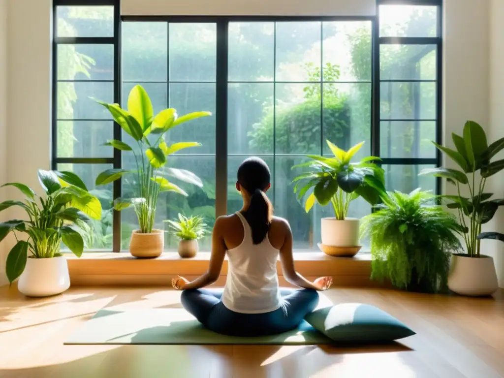 Meditación serena rodeada de plantas verdes Persona meditando en un espacio luminoso rodeado de plantas verdes