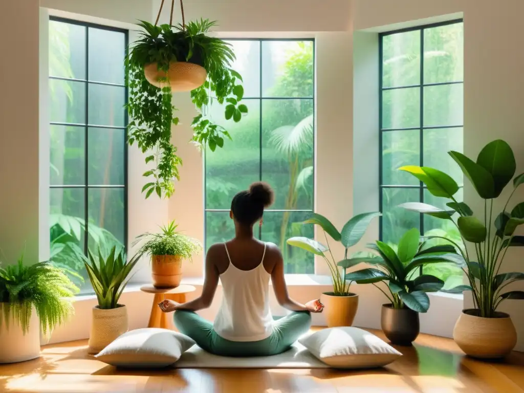 Persona meditando en un espacio luminoso y sereno, rodeada de plantas verdes