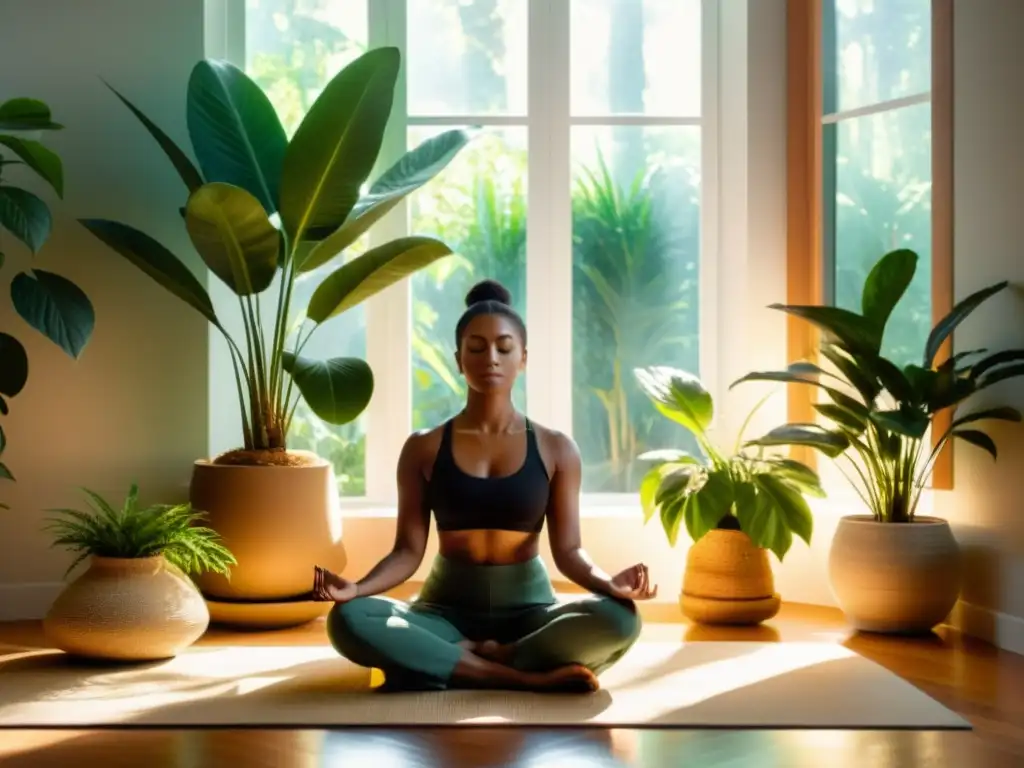 Meditación en un espacio luminoso y sereno Persona meditando en un espacio luminoso y tranquilizador, rodeada de plantas
