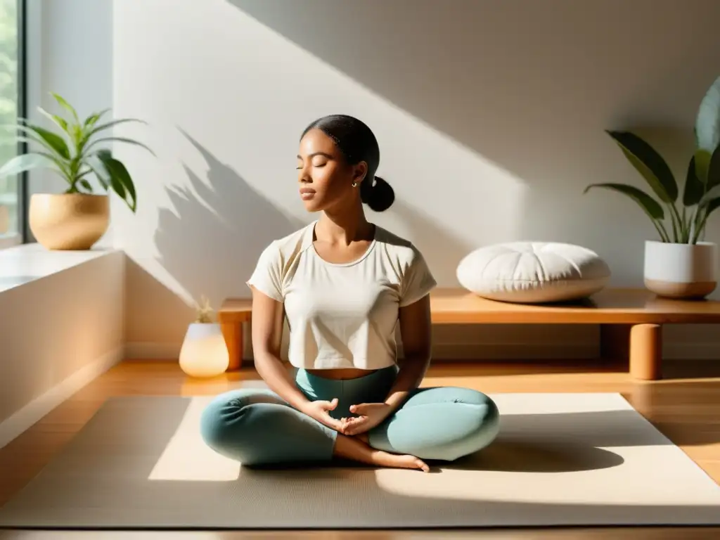 Serena meditación en ambiente minimalista Una persona medita en un espacio minimalista, iluminado por luz natural