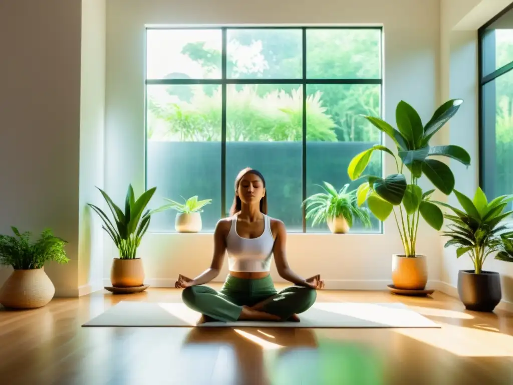 Meditación trascendental en un espacio sereno Una persona medita en un espacio minimalista, rodeada de plantas verdes