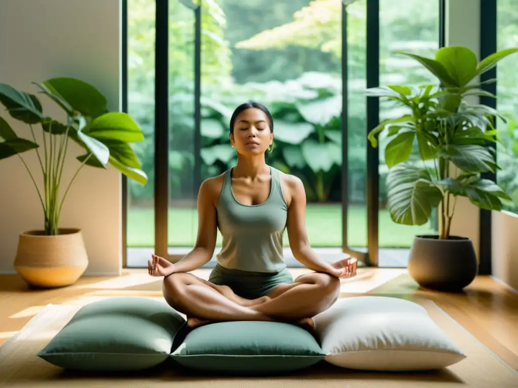 Meditación serena en espacios modernos Persona meditando en espacio minimalista, rodeada de naturaleza, reflejando calma y paz interior