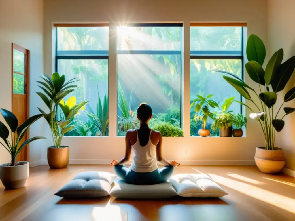 Espacio de meditación sereno: práctica de respiración profunda y relajación Persona meditando en un espacio sereno con coherencia cardiaca, fortaleciendo la inmunidad