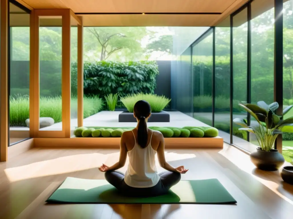 Espacio de meditación sereno con vistas al jardín Persona meditando en un espacio sereno con efectos de la meditación en el sistema inmunológico
