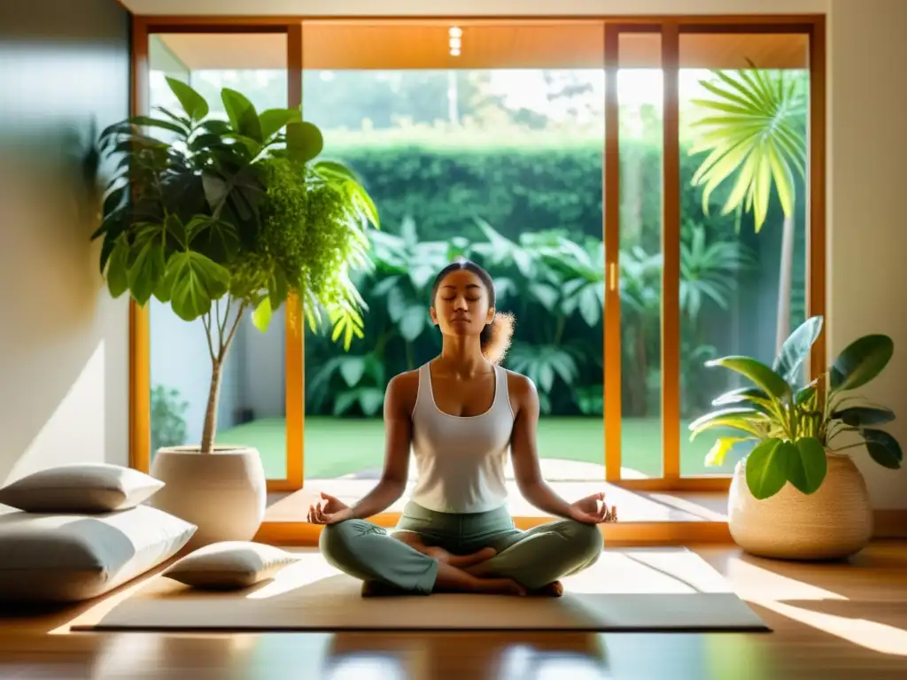 Meditación serena entre la naturaleza y la modernidad Persona meditando en un espacio sereno y moderno, rodeada de vegetación, promoviendo el sistema inmunológico y mindfulness