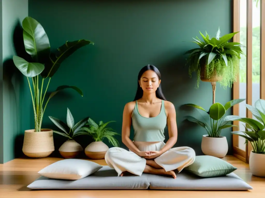 Espacio de meditación sereno con luz natural y plantas verdes Persona meditando en un espacio sereno con plantas verdes, creando un ambiente de tranquilidad para ejercicios de meditación para fortalecer defensas