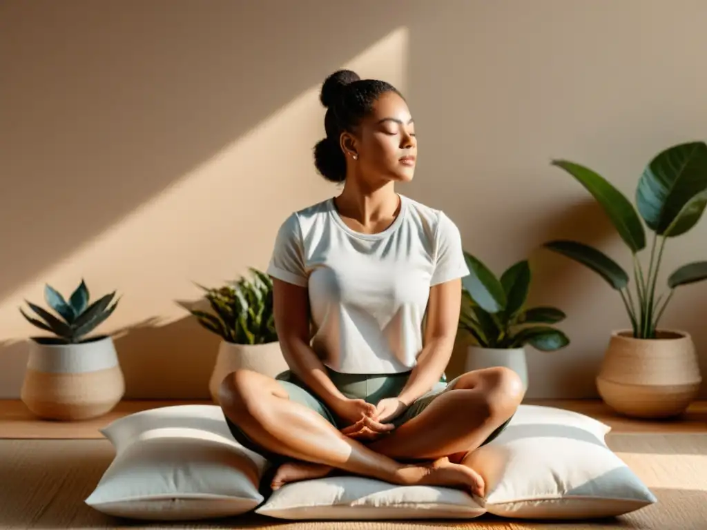 Meditación para el dolor: Serenidad en la luz suave Persona meditando en un espacio sereno, rodeada de luz cálida