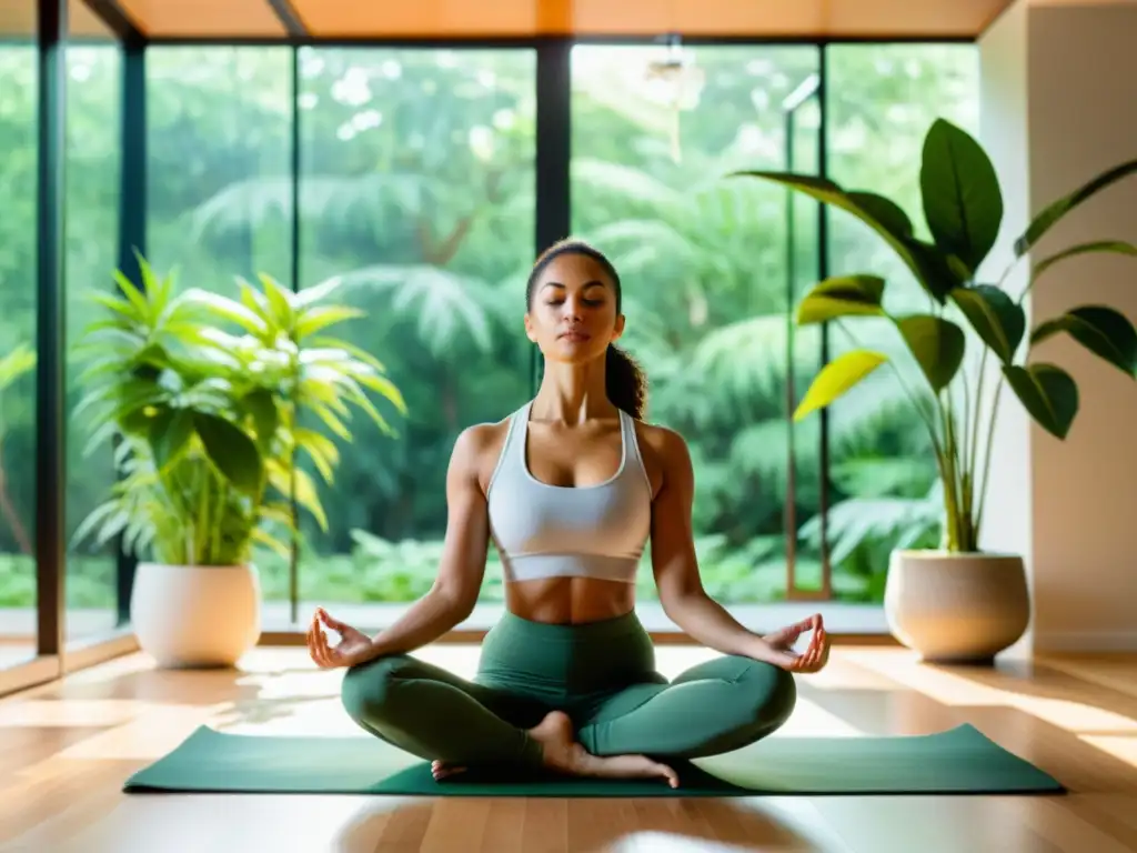 Yoga de inmunidad: fuerza y equilibrio en un espacio sereno Una persona practica yoga en un espacio sereno, rodeada de plantas verdes y luz natural
