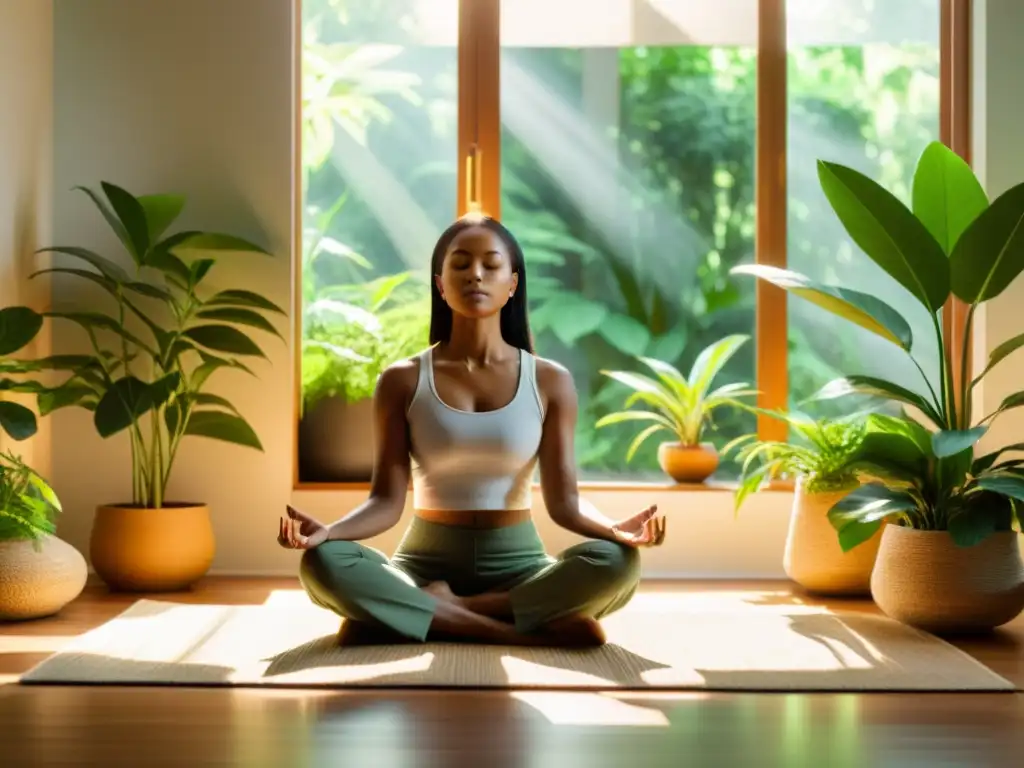 Mediación serena en un espacio soleado y natural Persona meditando en un espacio sereno, rodeada de plantas, con luz solar cálida
