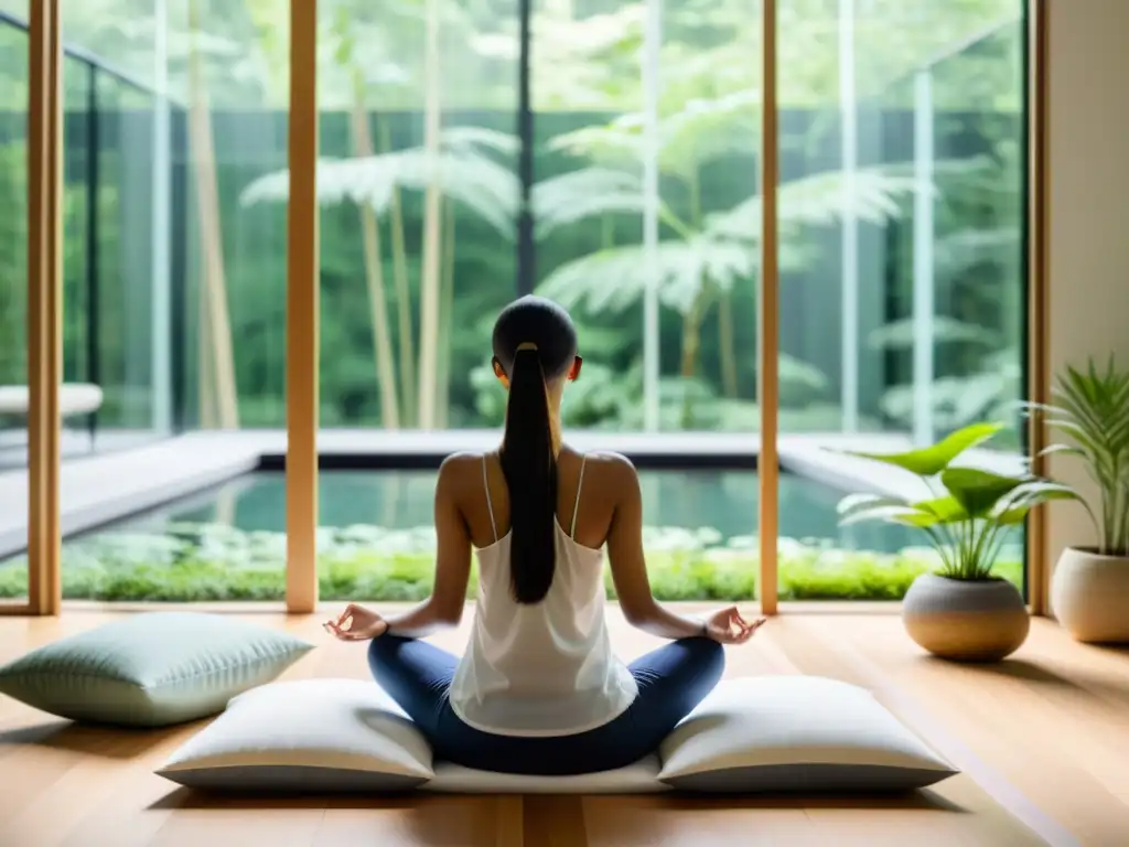 Persona meditando en un espacio sereno con ventanales, decoración minimalista y ambiente tranquilo