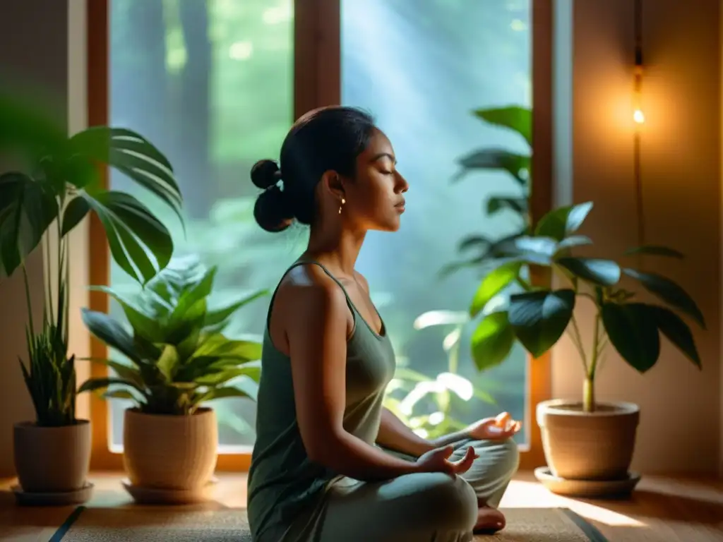 Tranquilidad en la meditación: Serenidad en la penumbra Persona meditando en un espacio tranquilo, iluminado suavemente, rodeada de plantas