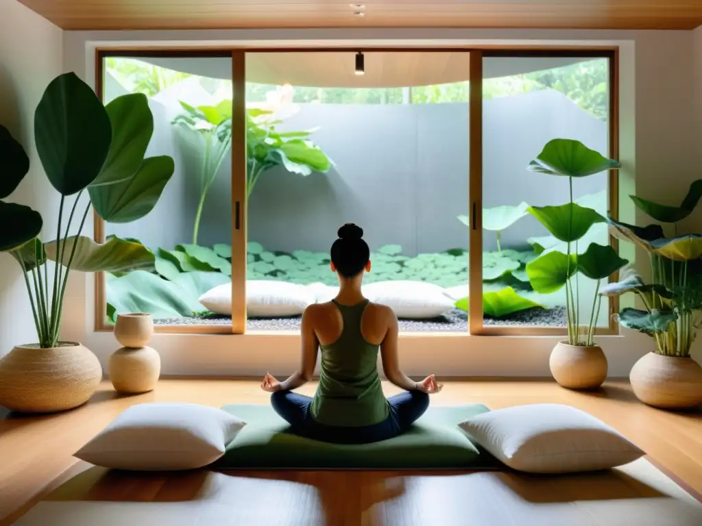 Sala de meditación moderna y serena para enfermedades autoinmunes Persona meditando en un espacio tranquilo, con iluminación natural y plantas
