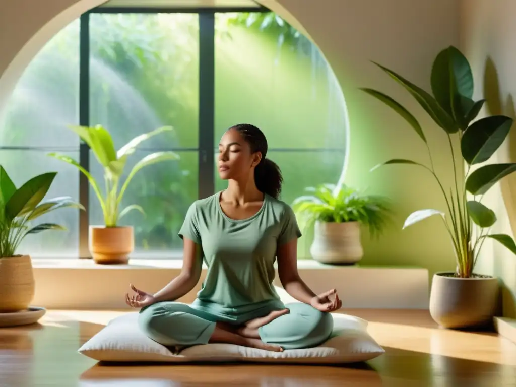 Meditación tranquila en un espacio moderno Persona meditando en un espacio tranquilo con plantas y luz natural