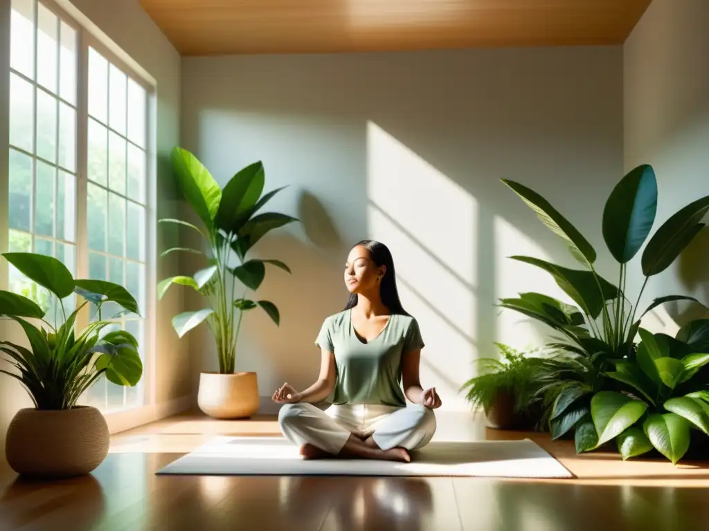 Serena meditación entre plantas verdes Persona en meditación en un espacio tranquilo con plantas verdes, iluminado por rayos de sol