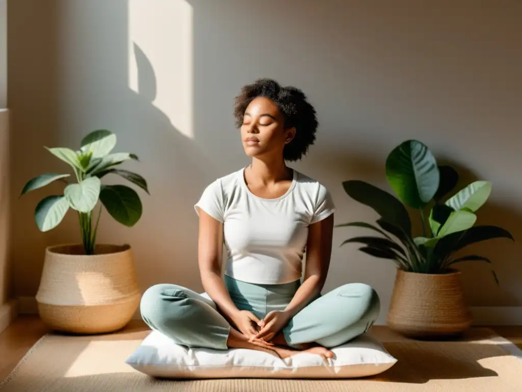 Meditación en la luz: Serenidad y equilibrio Persona meditando en un espacio tranquilo, rodeada de luz natural y plantas