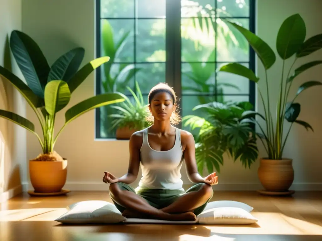 Persona meditando en un espacio tranquilo y soleado rodeado de plantas