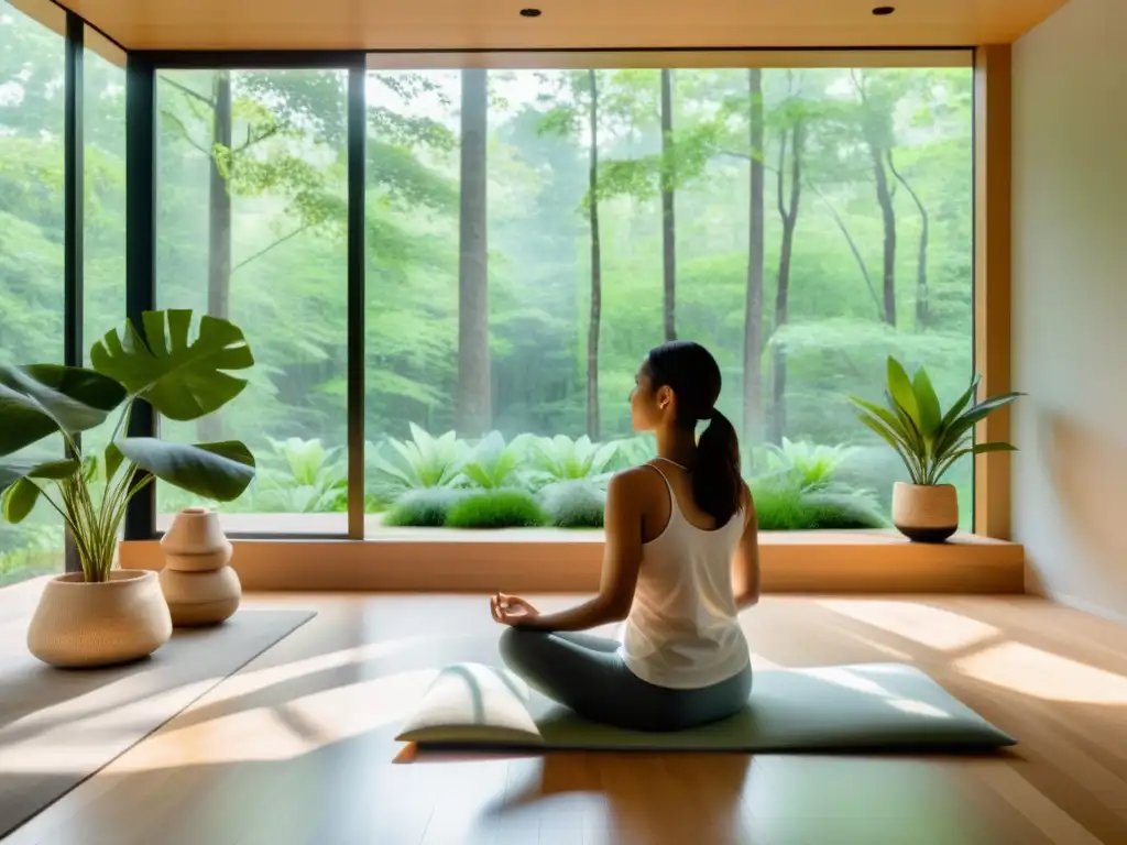 Persona meditando en un espacio tranquilo con vista a la naturaleza