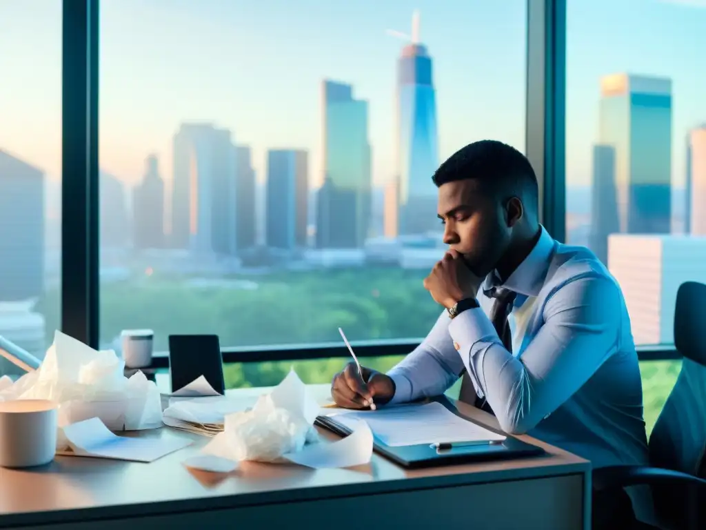 Trabajo enfermo: Estrés y salud en la oficina Persona estresada con resfriado en oficina moderna