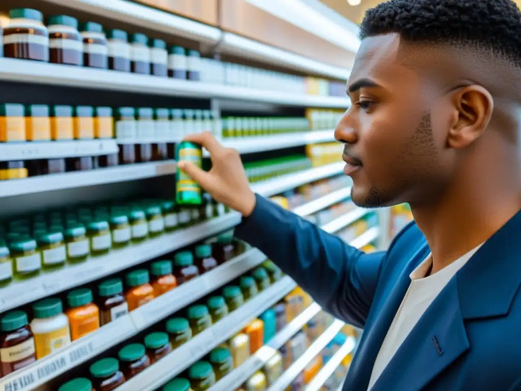 Persona concentrada leyendo etiqueta de suplemento, en farmacia moderna Persona leyendo detenidamente el etiquetado de suplementos para maximizar beneficios en una farmacia moderna