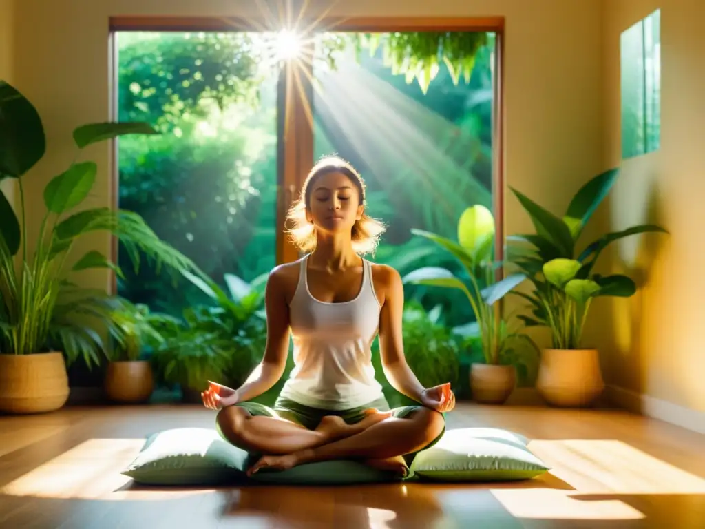 Mediación serena en entorno natural para fortalecer el sistema inmunológico Una persona medita entre exuberante vegetación, bañada por cálidos rayos de sol