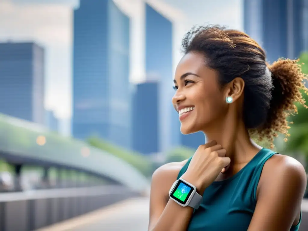 Monitoreo de aire limpio: Wearable urbano Persona feliz usando wearables para evaluar calidad aire en ciudad con aire puro
