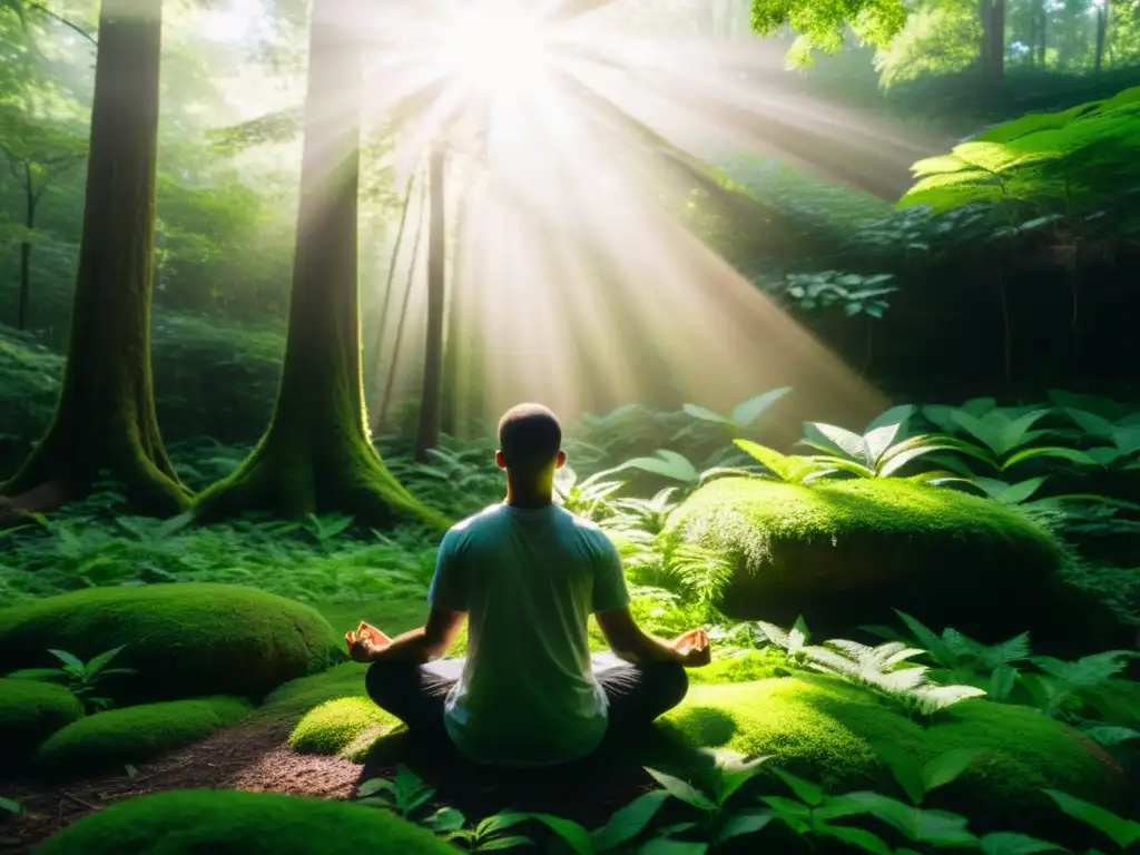 Mediación en el bosque: paz y serenidad bajo el sol filtrado Una persona medita en un frondoso bosque, con luz solar filtrándose entre las hojas