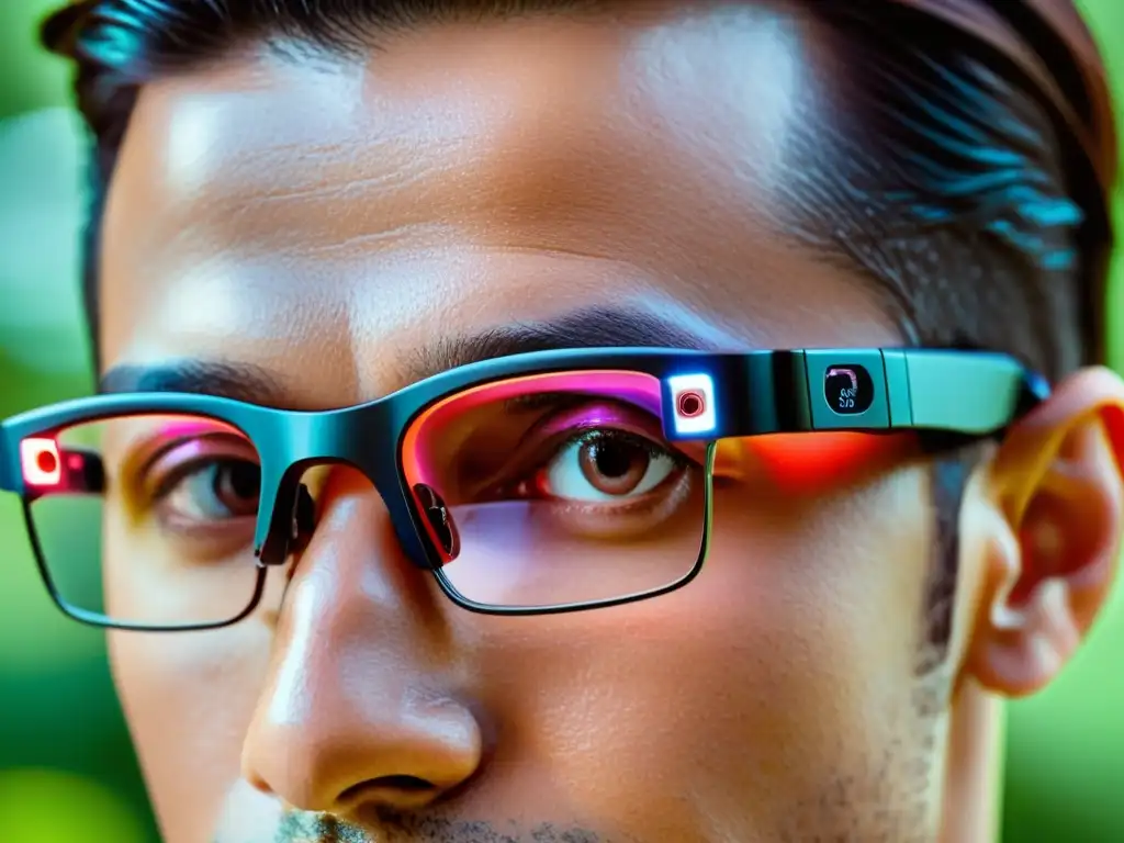 Gafas inteligentes: captura de datos vitales en tiempo real Una persona usando gafas inteligentes que realizan monitorización continua de la salud inmunológica en un entorno futurista y minimalista