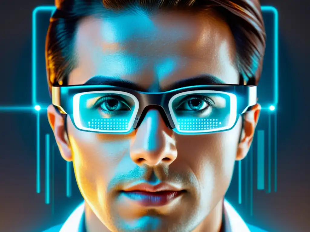 Smart Glasses: Monitoreo Inmune 8k Persona con gafas inteligentes mostrando datos de salud inmunológica en entorno médico innovador