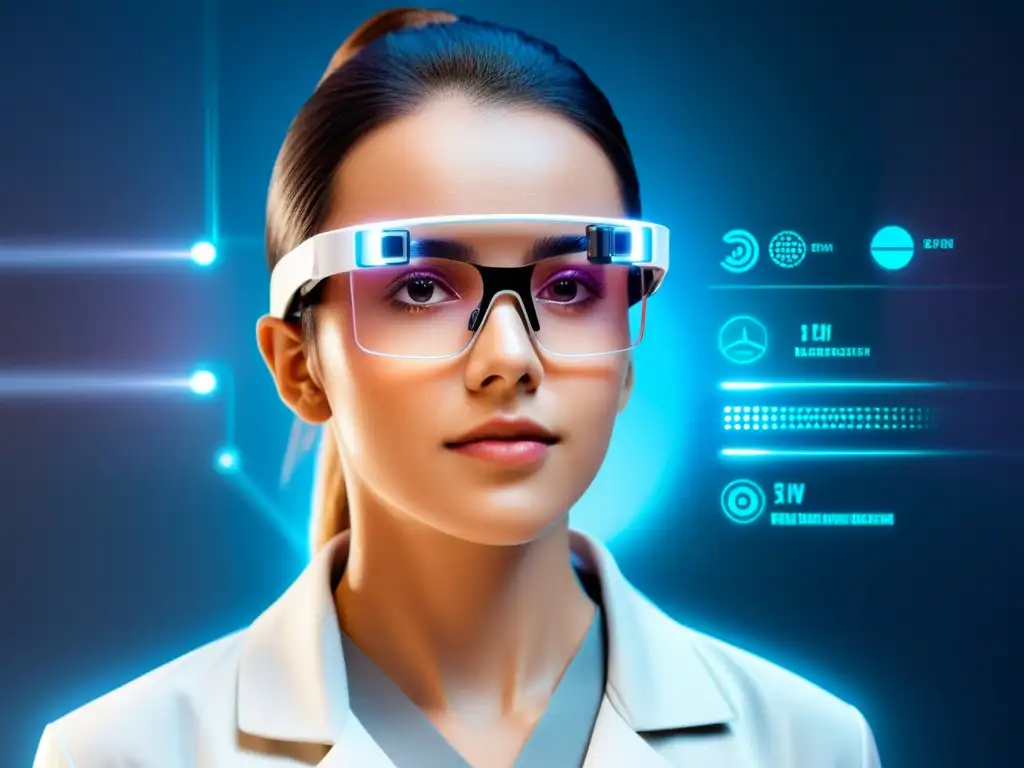 Smart glasses muestran datos de salud inmunológica en tiempo real Persona con gafas inteligentes que muestran datos de salud inmunológica en interfaz holográfica futurista en instalación médica de alta tecnología