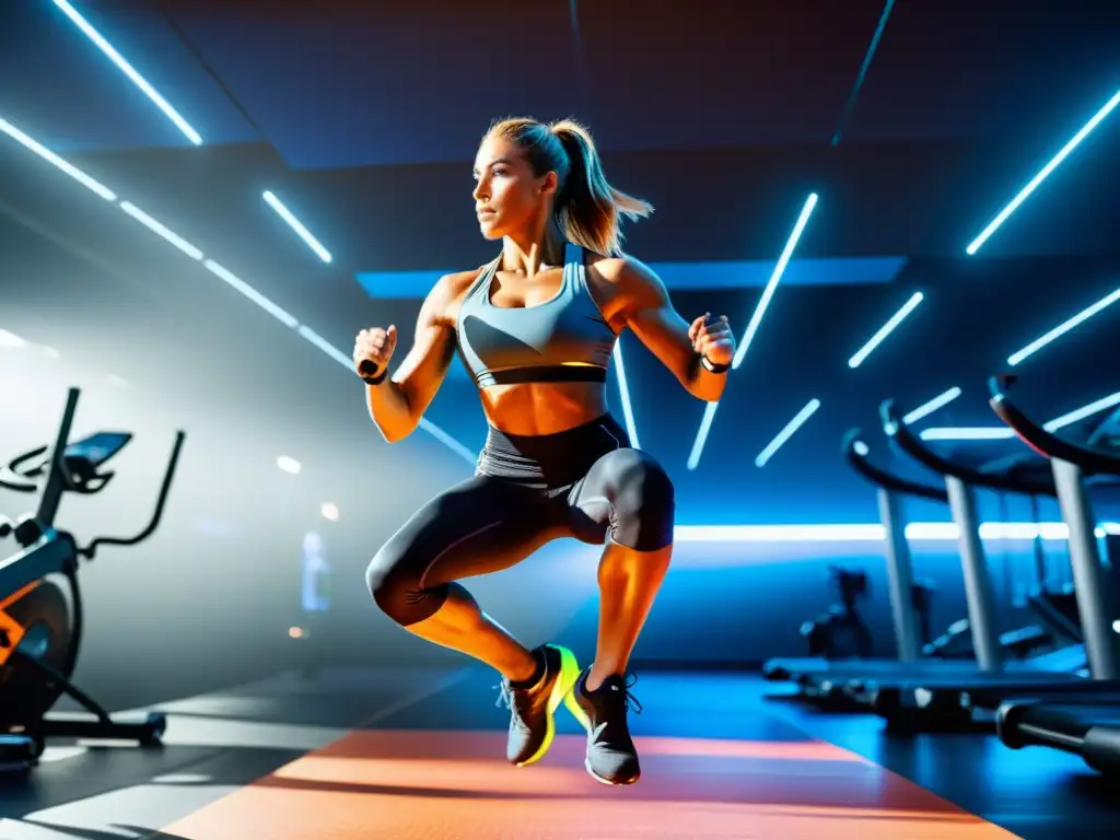 Entrenamiento HIIT de alta intensidad en gimnasio moderno Una persona se ejercita intensamente en un gimnasio moderno, rodeada de equipo de alta tecnología