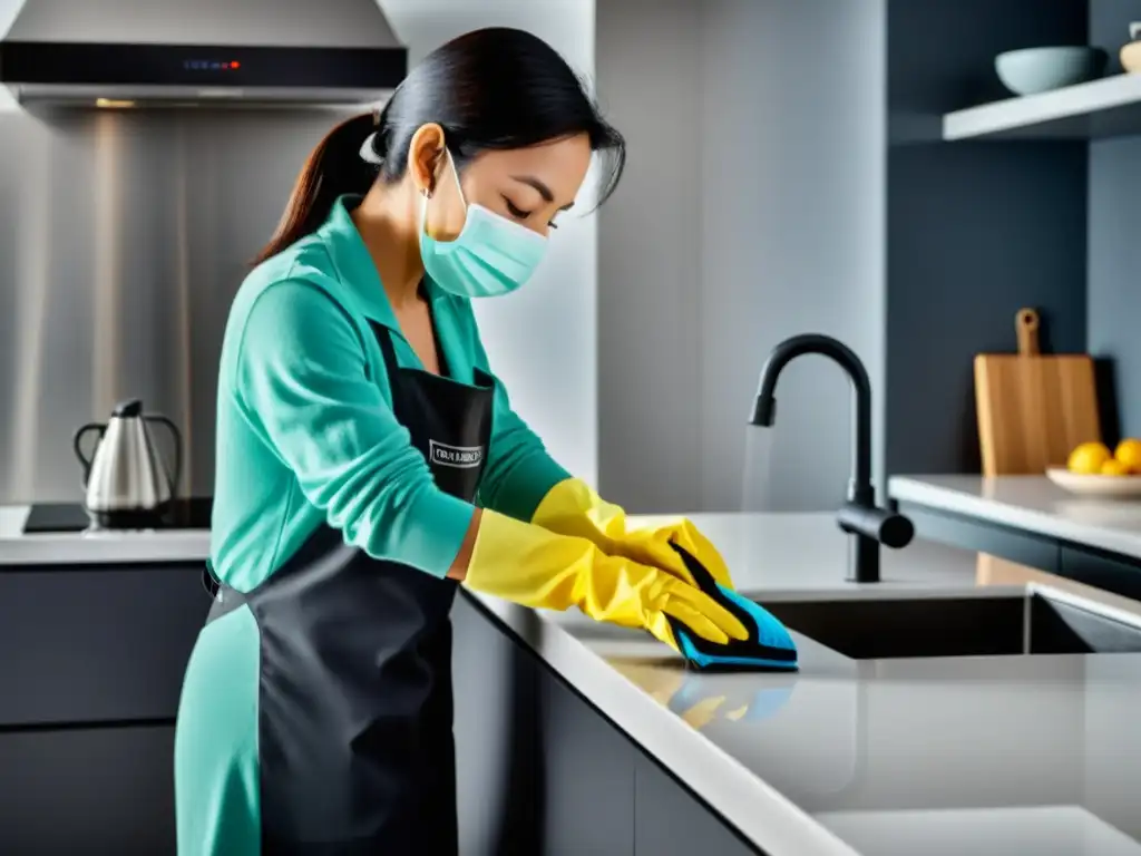Desinfección total: limpieza a vapor en casa Persona usando guantes y mascarilla desinfecta con vapor superficies en hogar moderno, destacando técnicas de limpieza alergenos inmunidad