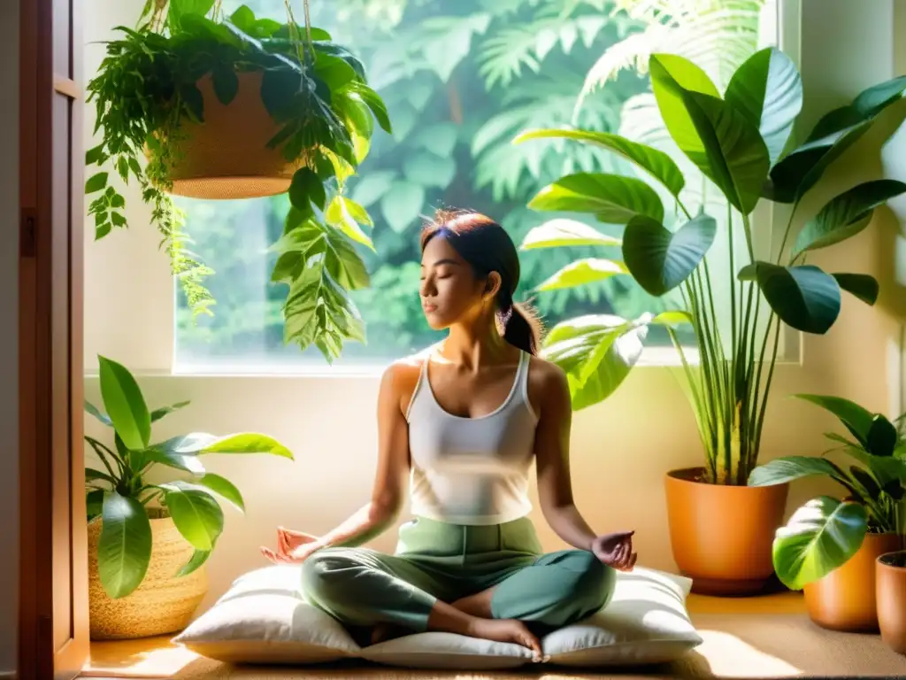 Persona en meditación guiada, rodeada de exuberante vegetación en un ambiente tranquilo y soleado, fortaleciendo su sistema inmunológico