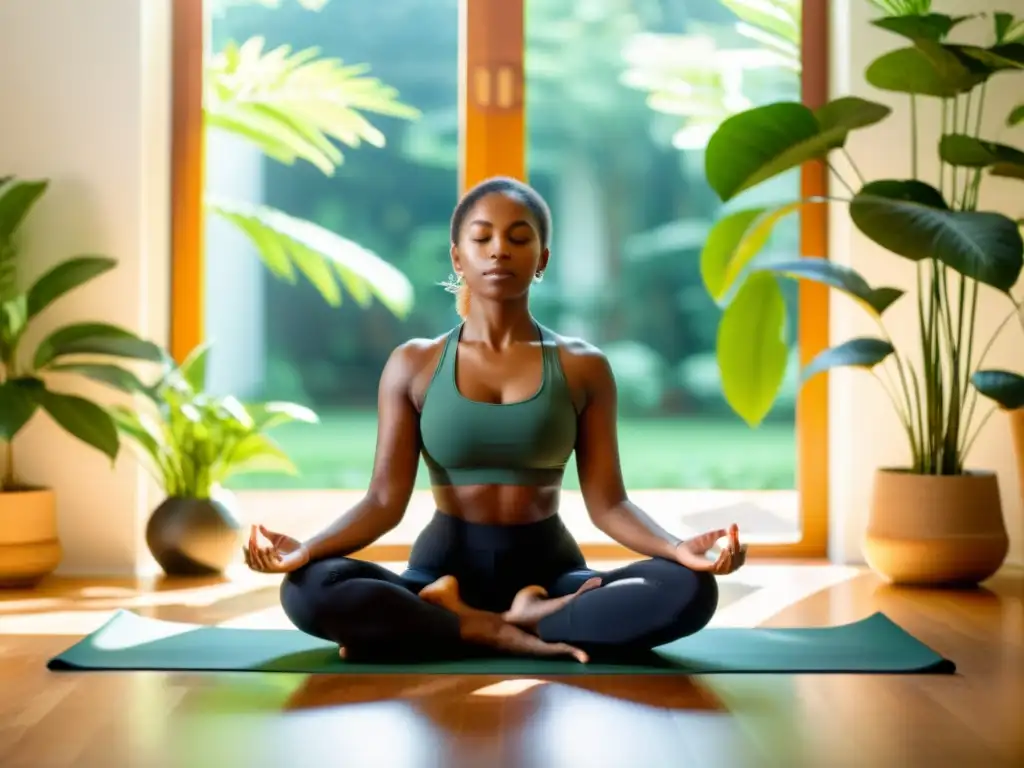 Meditación en Casa: Paz entre Plantas Persona meditando en una habitación iluminada por el sol, rodeada de plantas verdes