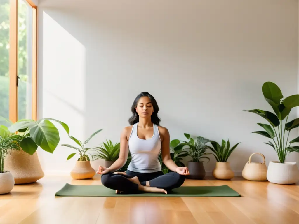 Serena meditación en un espacio luminoso y natural Persona meditando en una habitación luminosa y serena rodeada de plantas verdes