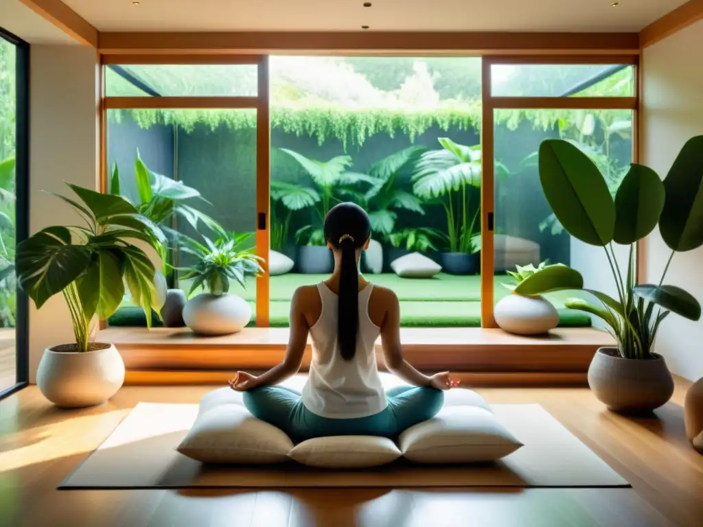Espacio de meditación sereno con vista a un jardín exuberante Persona meditando en habitación luminosa con vista al jardín, disfrutando de los beneficios de la meditación para el sistema inmunológico