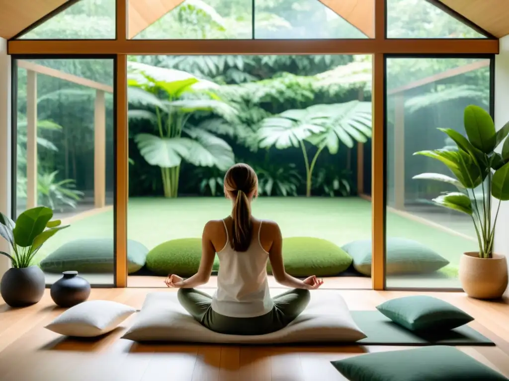 Espacio de meditación zen con vistas a jardín exuberante Persona meditando en habitación luminosa con vista a jardín