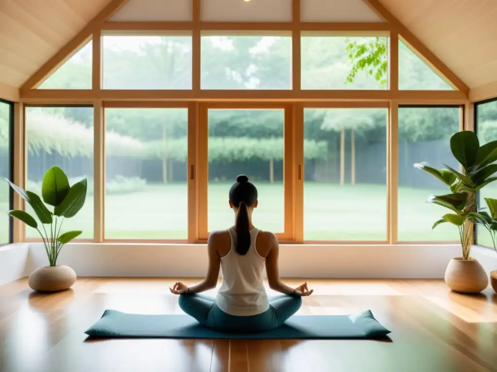 Sala de meditación moderna: calma y bienestar en casa Persona meditando en una habitación luminosa con vista al jardín, representando el manejo del estrés en el sistema inmunológico