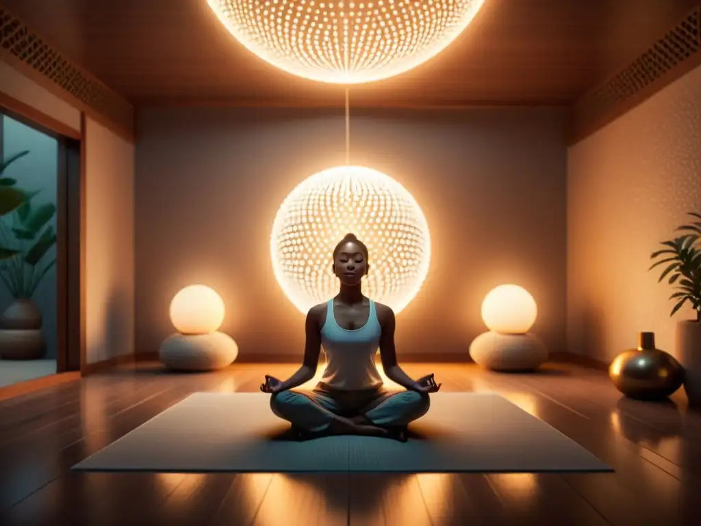 Meditación serena en habitación minimalista Persona meditando en una habitación minimalista, rodeada de suaves luces